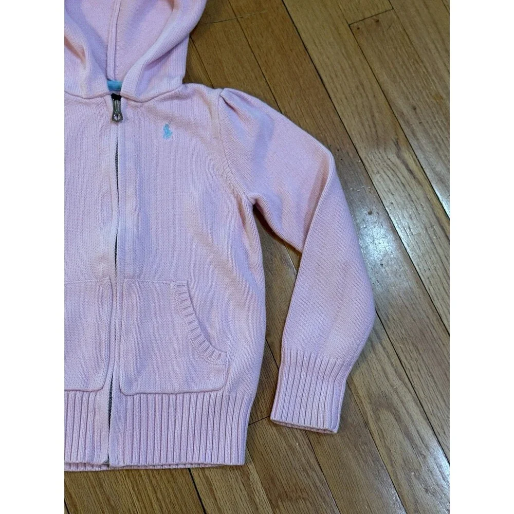 Ralph Lauren Girls Zip Up Knit Cardigan Sweater Size 6x Light Pink Hooded EUC